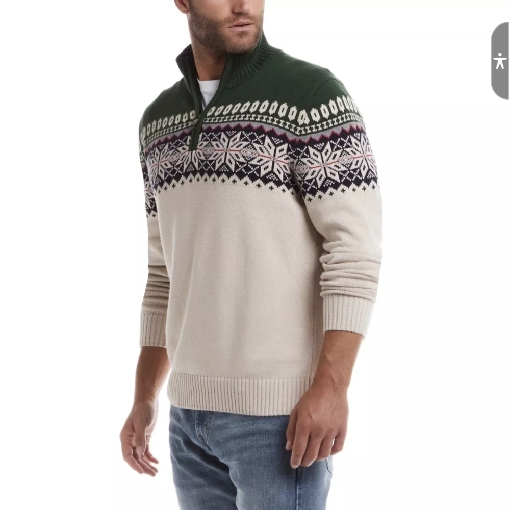 Weatherproof Nordic Green and Cream Zip Up Sweater Vintage